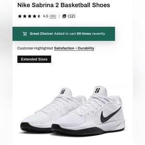 NWOT Nike Sabrina 2 Basketball Shoes - White and Black- size 17